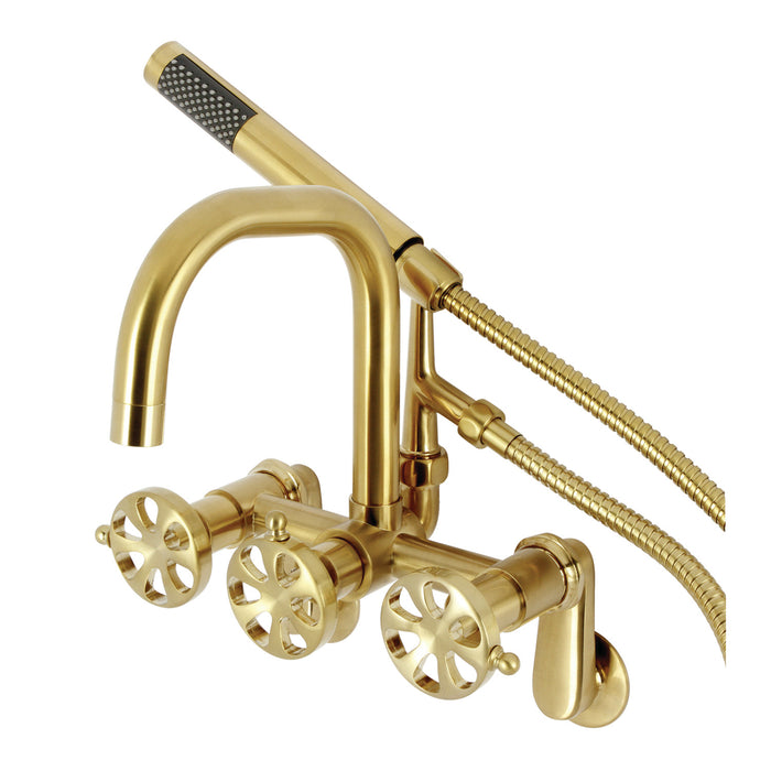 Kingston Sona AE8457RX - Belknap Three-Handle 2-Hole Wall Mount Clawfoot Tub Faucet with Hand Shower, Brushed Brass