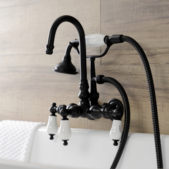 Kingston Heirloom AE9T0 - Aqua Vintage Three-Handle 2-Hole Tub Wall Mount Clawfoot Tub Faucet with Hand Shower, Matte Black