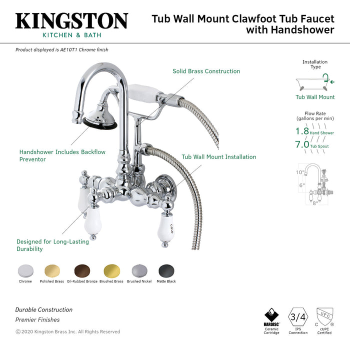 Kingston Heirloom AE9T8 - Aqua Vintage Three-Handle 2-Hole Tub Wall Mount Clawfoot Tub Faucet with Hand Shower, Brushed Nickel