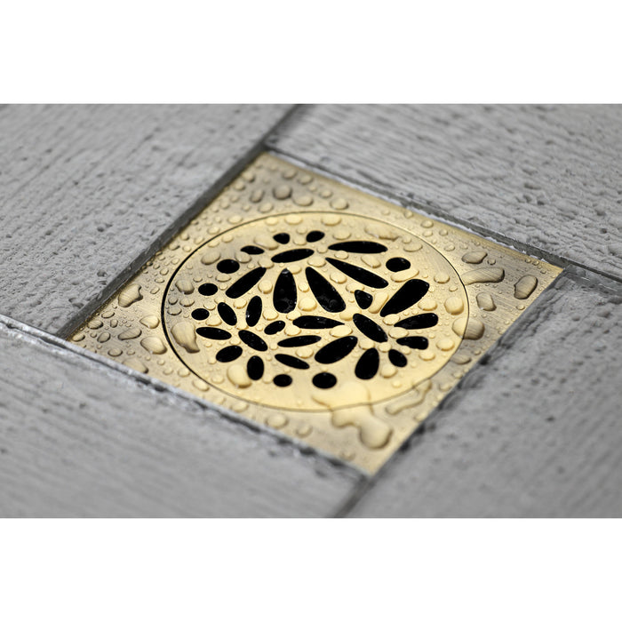 Kingston Watercourse BSF6360AB Floral 4-Inch Brass Square Grid Shower Drain with Flange and Hair Trap, Antique Brass