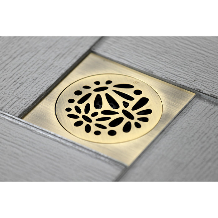 Kingston Watercourse BSF6360AB Floral 4-Inch Brass Square Grid Shower Drain with Flange and Hair Trap, Antique Brass