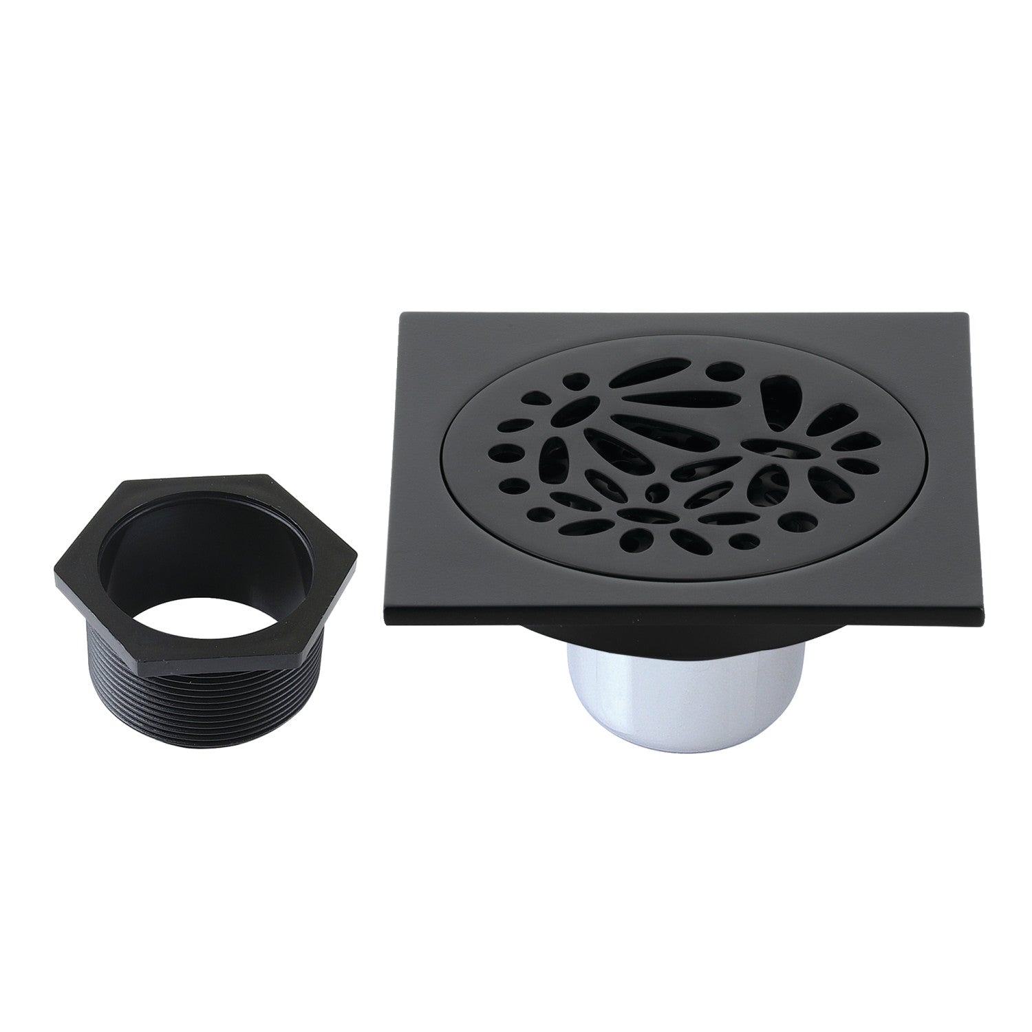 6 inch Matte Black Square Shower Drain with Hair Trap Set (2 Designs)