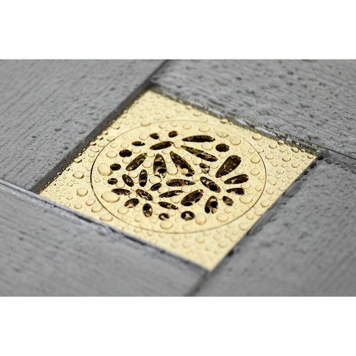 Kingston Watercourse BSF6360PB Floral 4-Inch Brass Square Grid Shower Drain with Flange and Hair Trap, Polished Brass