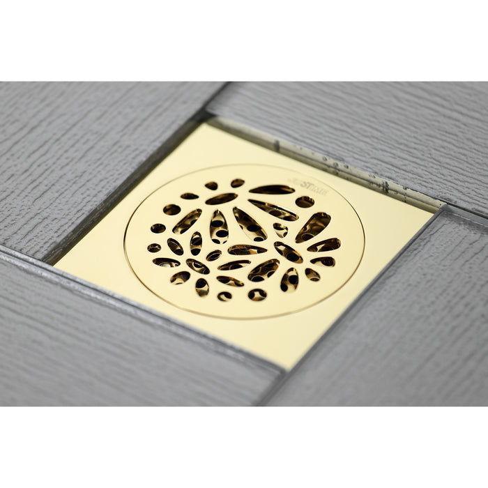 Kingston Watercourse BSF6360PB Floral 4-Inch Brass Square Grid Shower Drain with Flange and Hair Trap, Polished Brass