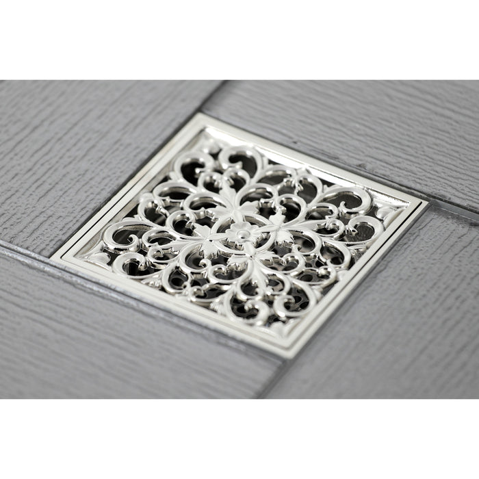 Kingston Watercourse BSF9771PN Scroll 4-Inch Brass Square Grid Shower Drain with Flange and Hair Trap, Polished Nickel