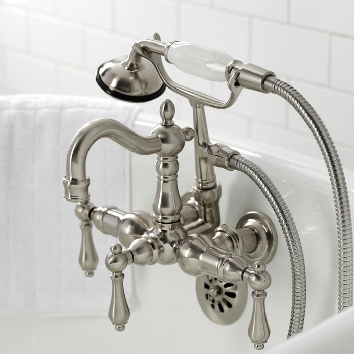 Kingston Heirloom CA1007T8 - Heritage Three-Handle 2-Hole Tub Wall Mount Clawfoot Tub Faucet with Hand Shower, Brushed Nickel
