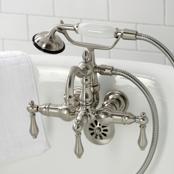 Kingston Heirloom CA1007T8 - Heritage Three-Handle 2-Hole Tub Wall Mount Clawfoot Tub Faucet with Hand Shower, Brushed Nickel