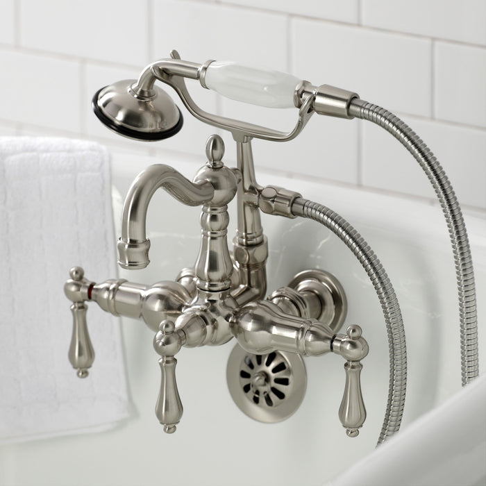 Kingston Heirloom CA1007T8 - Heritage Three-Handle 2-Hole Tub Wall Mount Clawfoot Tub Faucet with Hand Shower, Brushed Nickel