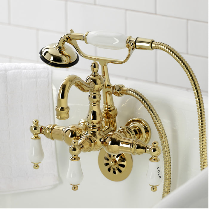 Kingston Heirloom CA1009T2 - Heritage Three-Handle 2-Hole Tub Wall Mount Clawfoot Tub Faucet with Hand Shower, Polished Brass