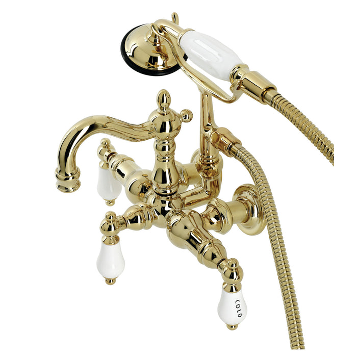 Kingston Heirloom CA1009T2 - Heritage Three-Handle 2-Hole Tub Wall Mount Clawfoot Tub Faucet with Hand Shower, Polished Brass