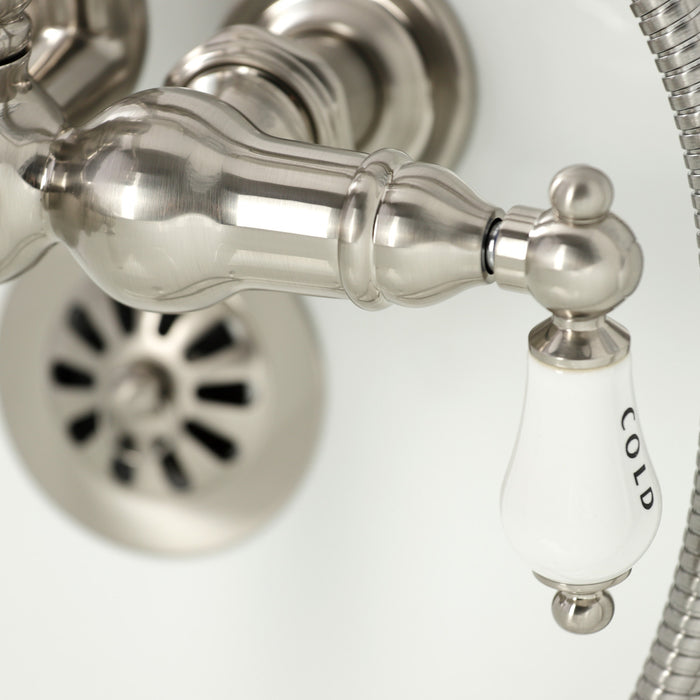 Kingston Heirloom CA1009T8 - Heritage Three-Handle 2-Hole Tub Wall Mount Clawfoot Tub Faucet with Hand Shower, Brushed Nickel