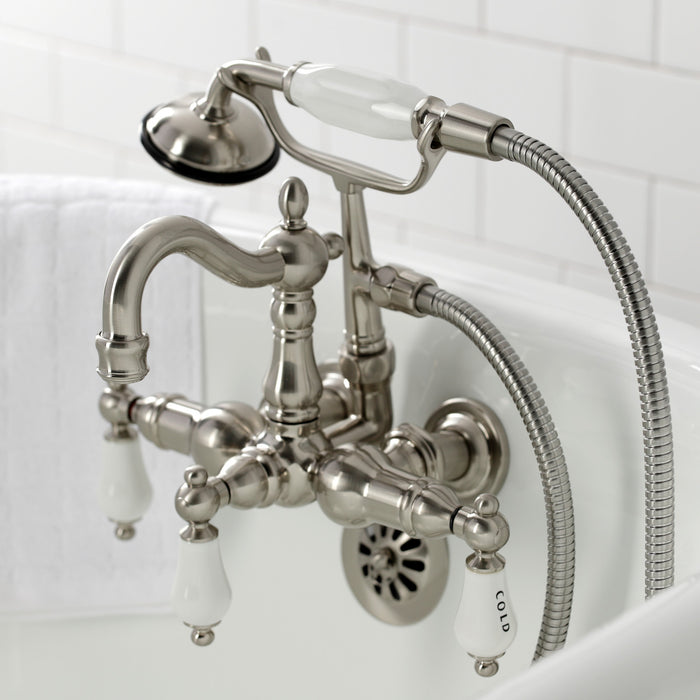 Kingston Heirloom CA1009T8 - Heritage Three-Handle 2-Hole Tub Wall Mount Clawfoot Tub Faucet with Hand Shower, Brushed Nickel