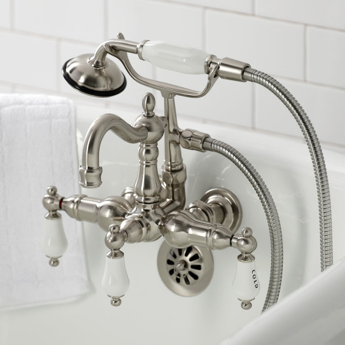 Kingston Heirloom CA1009T8 - Heritage Three-Handle 2-Hole Tub Wall Mount Clawfoot Tub Faucet with Hand Shower, Brushed Nickel