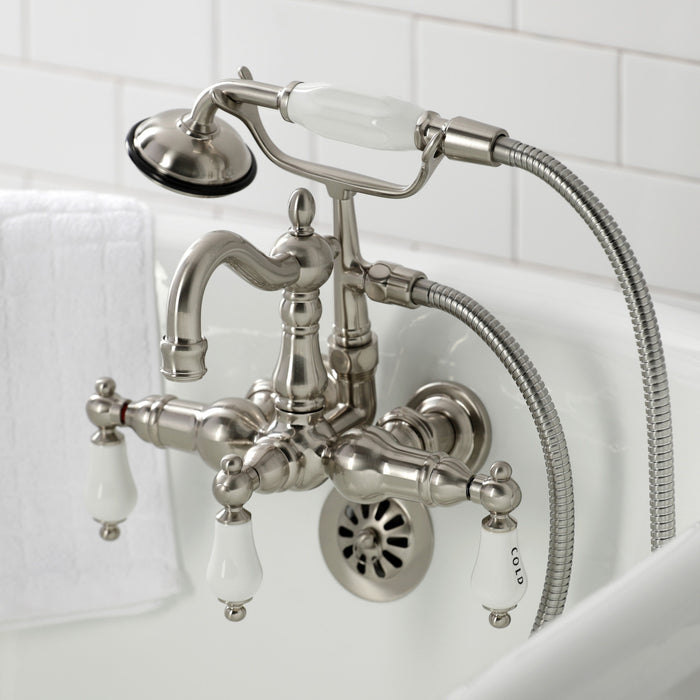 Heritage CA1009T8 Three-Handle 2-Hole Tub Wall Mount Clawfoot Tub Faucet with Hand Shower, Brushed Nickel