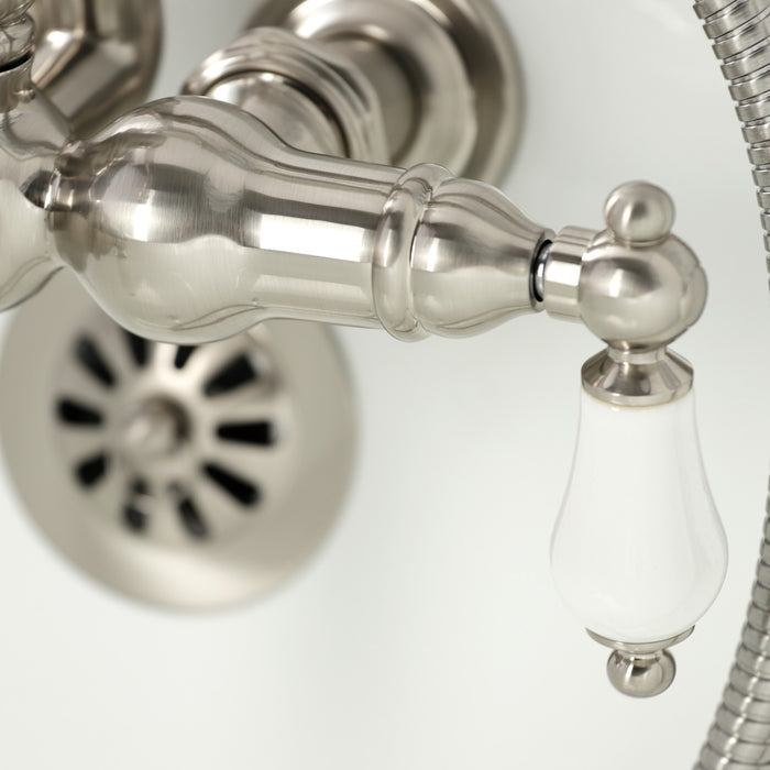 Kingston Heirloom CA1011T8 - Heritage Three-Handle 2-Hole Tub Wall Mount Clawfoot Tub Faucet with Hand Shower, Brushed Nickel