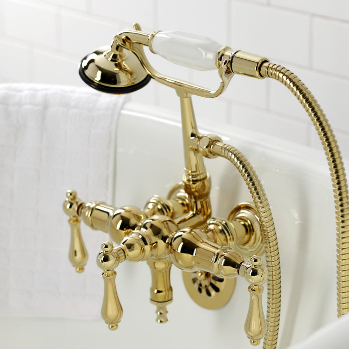 Kingston Heirloom CA19T2 - Vintage Three-Handle 2-Hole Tub Wall Mount Clawfoot Tub Faucet with Hand Shower, Polished Brass