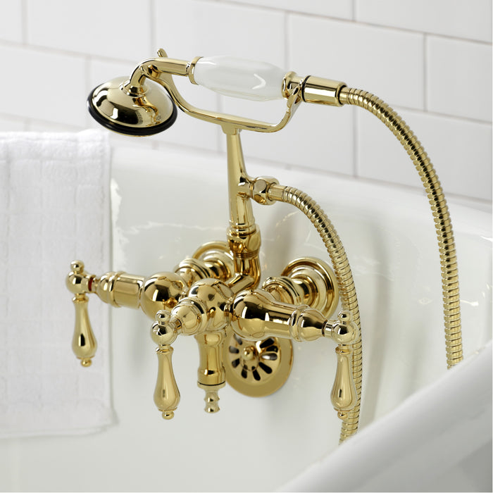 Kingston Heirloom CA19T2 - Vintage Three-Handle 2-Hole Tub Wall Mount Clawfoot Tub Faucet with Hand Shower, Polished Brass