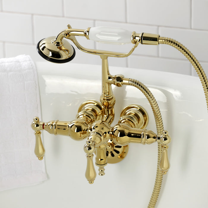Kingston Heirloom CA19T2 - Vintage Three-Handle 2-Hole Tub Wall Mount Clawfoot Tub Faucet with Hand Shower, Polished Brass