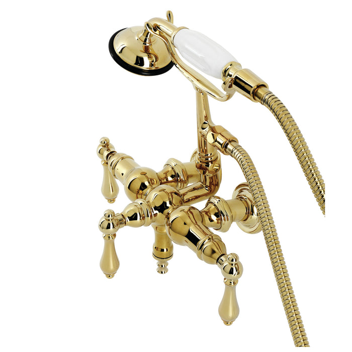 Kingston Heirloom CA19T2 - Vintage Three-Handle 2-Hole Tub Wall Mount Clawfoot Tub Faucet with Hand Shower, Polished Brass