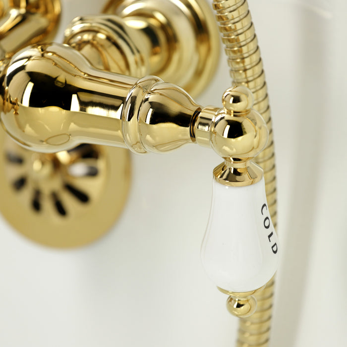 Kingston Heirloom CA21T2 - Vintage Three-Handle 2-Hole Tub Wall Mount Clawfoot Tub Faucet with Hand Shower, Polished Brass