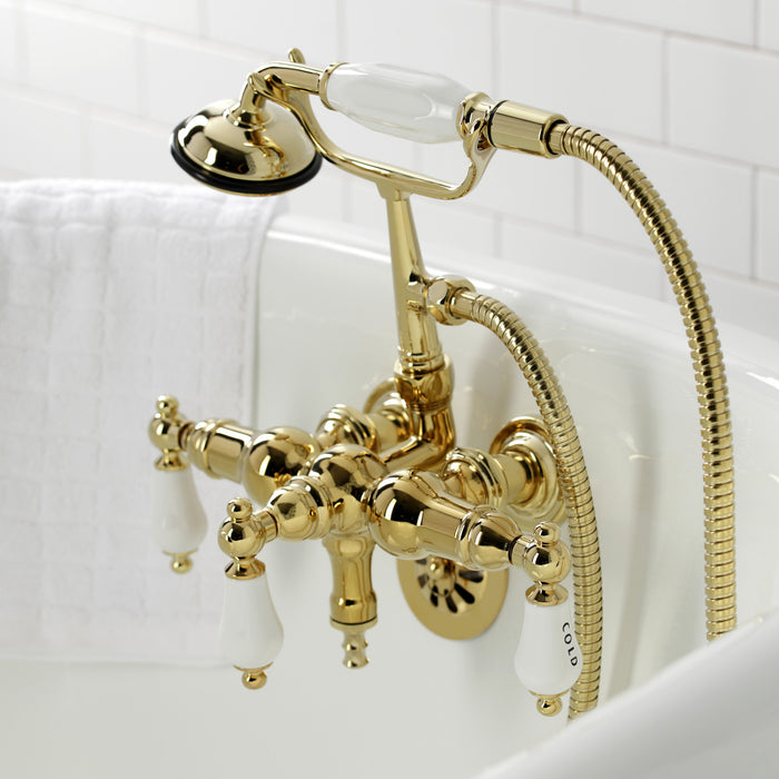 Kingston Heirloom CA21T2 - Vintage Three-Handle 2-Hole Tub Wall Mount Clawfoot Tub Faucet with Hand Shower, Polished Brass