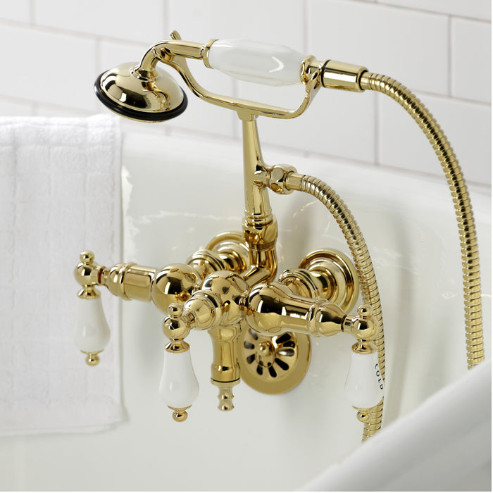 Kingston Heirloom CA21T2 - Vintage Three-Handle 2-Hole Tub Wall Mount Clawfoot Tub Faucet with Hand Shower, Polished Brass