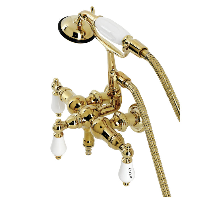 Kingston Heirloom CA21T2 - Vintage Three-Handle 2-Hole Tub Wall Mount Clawfoot Tub Faucet with Hand Shower, Polished Brass