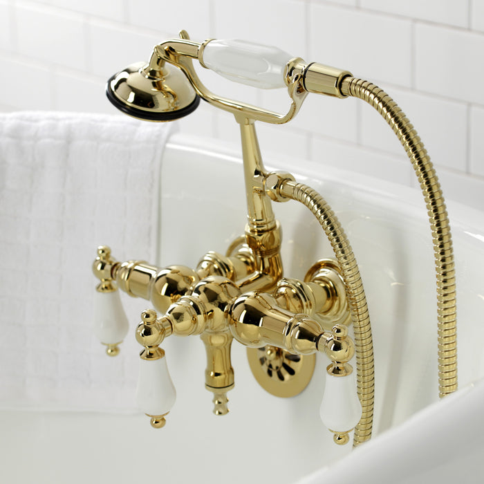 Kingston Heirloom CA23T2 - Vintage Three-Handle 2-Hole Tub Wall Mount Clawfoot Tub Faucet with Hand Shower, Polished Brass