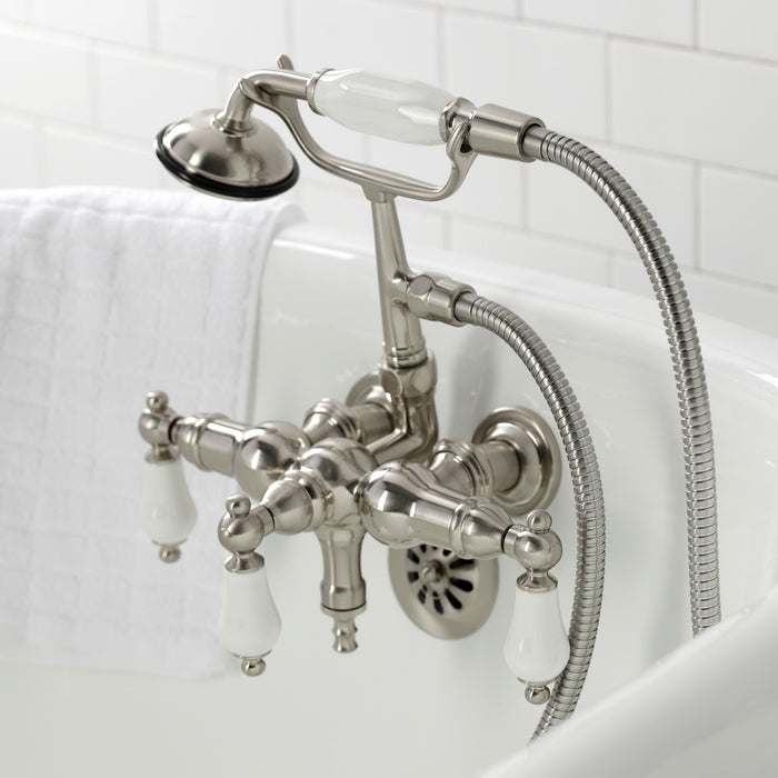 Kingston Heirloom CA23T8 - Vintage Three-Handle 2-Hole Tub Wall Mount Clawfoot Tub Faucet with Hand Shower, Brushed Nickel