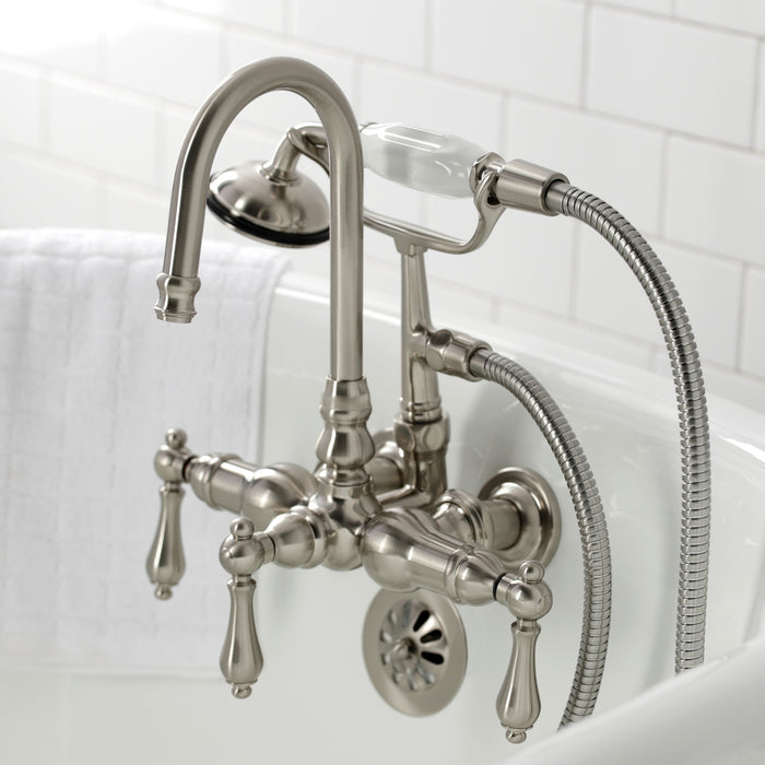 Kingston Heirloom CA7T8 - Vintage Three-Handle 2-Hole Tub Wall Mount Clawfoot Tub Faucet with Hand Shower, Brushed Nickel