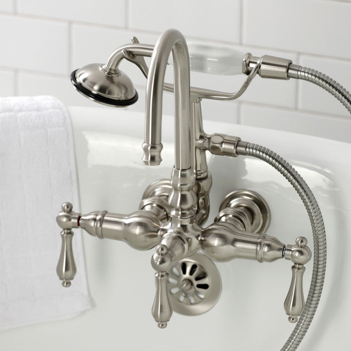 Kingston Heirloom CA7T8 - Vintage Three-Handle 2-Hole Tub Wall Mount Clawfoot Tub Faucet with Hand Shower, Brushed Nickel
