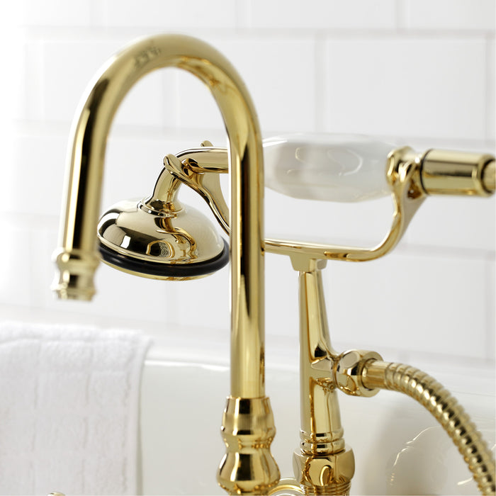 Kingston Heirloom CA9T2 - Vintage Three-Handle 2-Hole Tub Wall Mount Clawfoot Tub Faucet with Hand Shower, Polished Brass