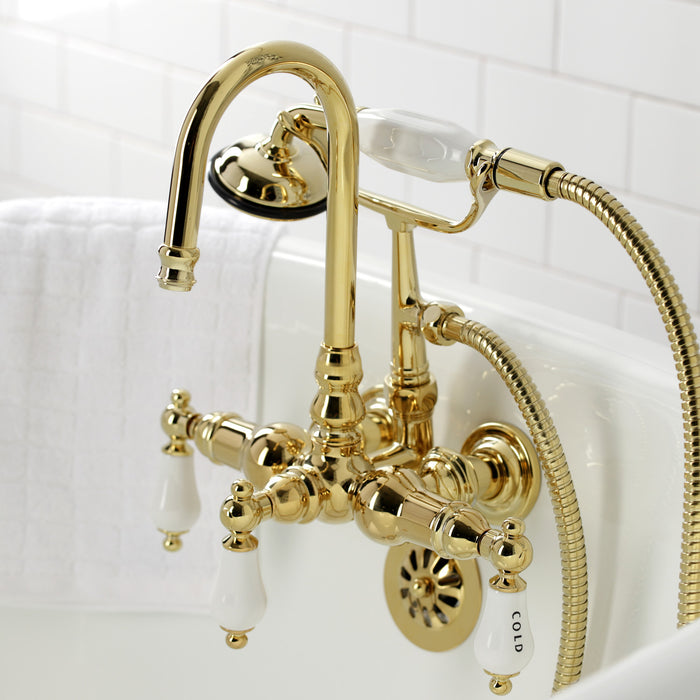 Kingston Heirloom CA9T2 - Vintage Three-Handle 2-Hole Tub Wall Mount Clawfoot Tub Faucet with Hand Shower, Polished Brass