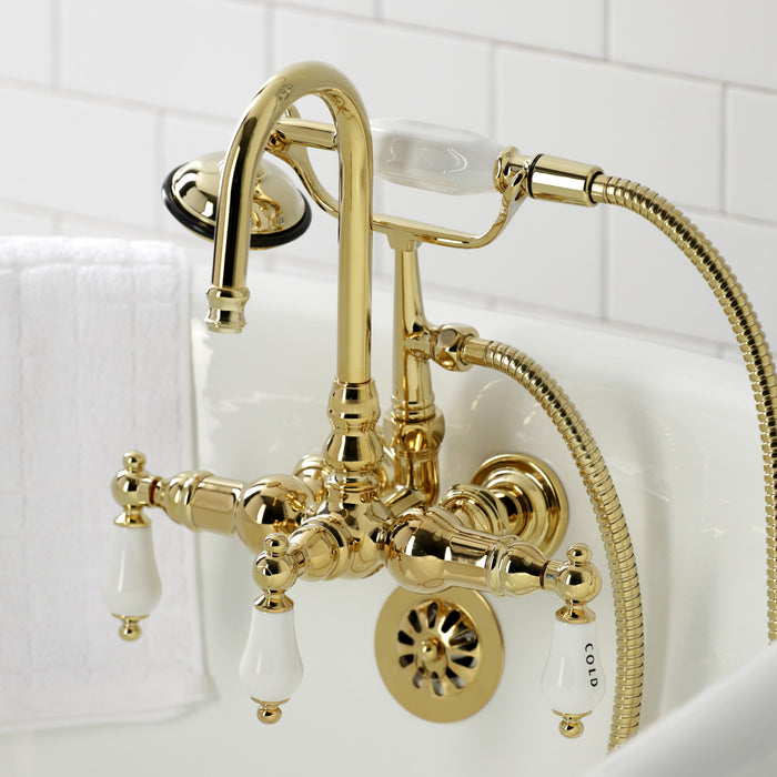 Kingston Heirloom CA9T2 - Vintage Three-Handle 2-Hole Tub Wall Mount Clawfoot Tub Faucet with Hand Shower, Polished Brass