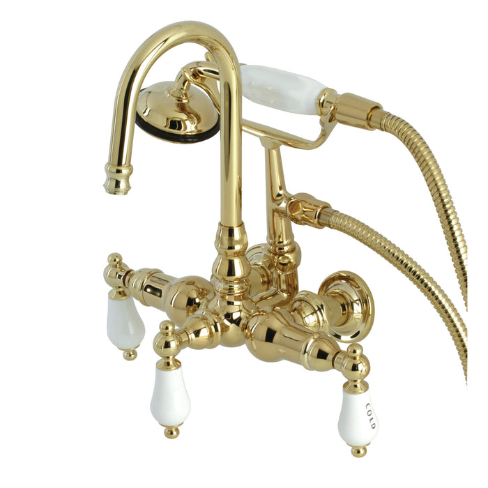 Kingston Heirloom CA9T2 - Vintage Three-Handle 2-Hole Tub Wall Mount Clawfoot Tub Faucet with Hand Shower, Polished Brass