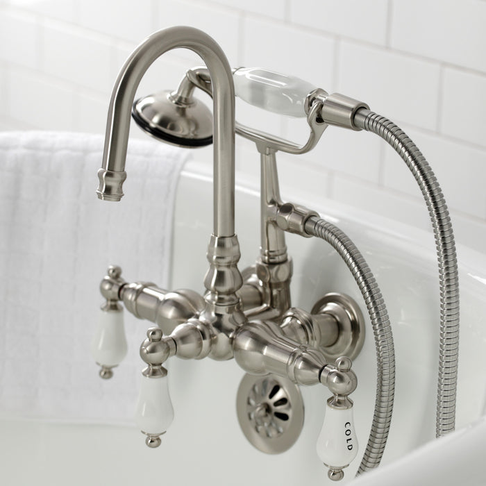 Kingston Heirloom CA9T8 - Vintage Three-Handle 2-Hole Tub Wall Mount Clawfoot Tub Faucet with Hand Shower, Brushed Nickel