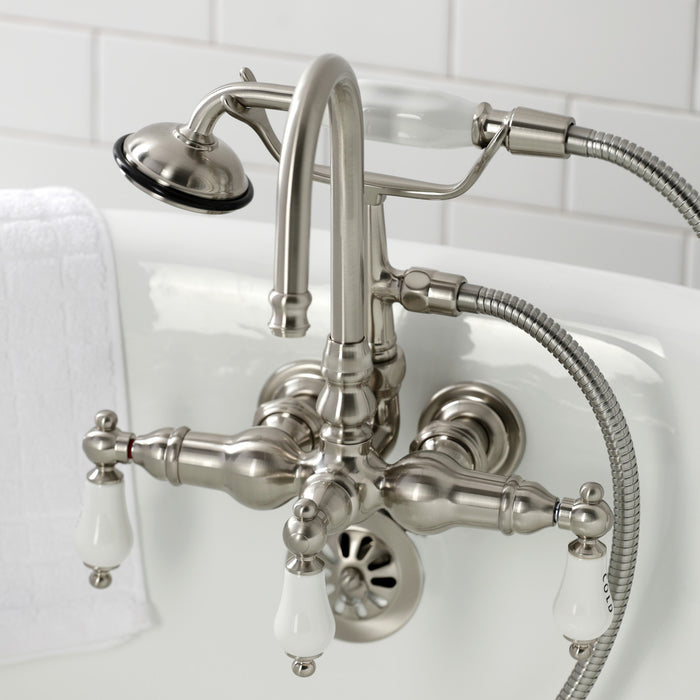 Kingston Heirloom CA9T8 - Vintage Three-Handle 2-Hole Tub Wall Mount Clawfoot Tub Faucet with Hand Shower, Brushed Nickel