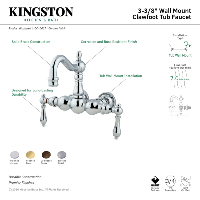 Kingston Heirloom CC1001T2 - Vintage Two-Handle 2-Hole Tub Wall Mount Clawfoot Tub Faucet, Polished Brass