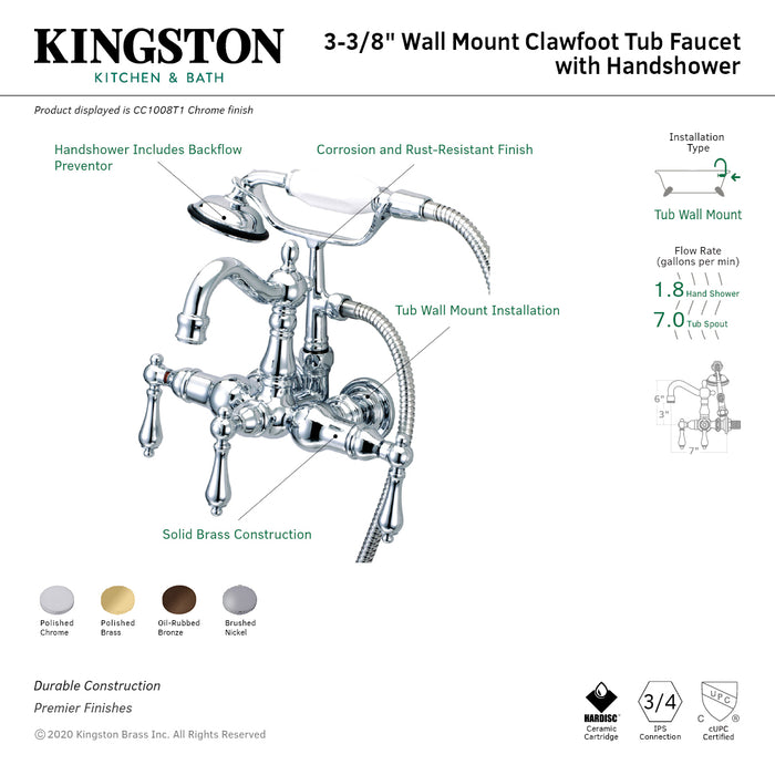 Kingston Heirloom CC1007T2 - Vintage Three-Handle 2-Hole Tub Wall Mount Clawfoot Tub Faucet with Hand Shower, Polished Brass