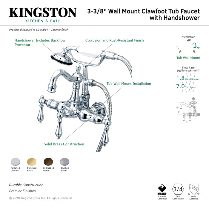 Vintage CC1007T2 Three-Handle 2-Hole Tub Wall Mount Clawfoot Tub Faucet with Hand Shower, Polished Brass