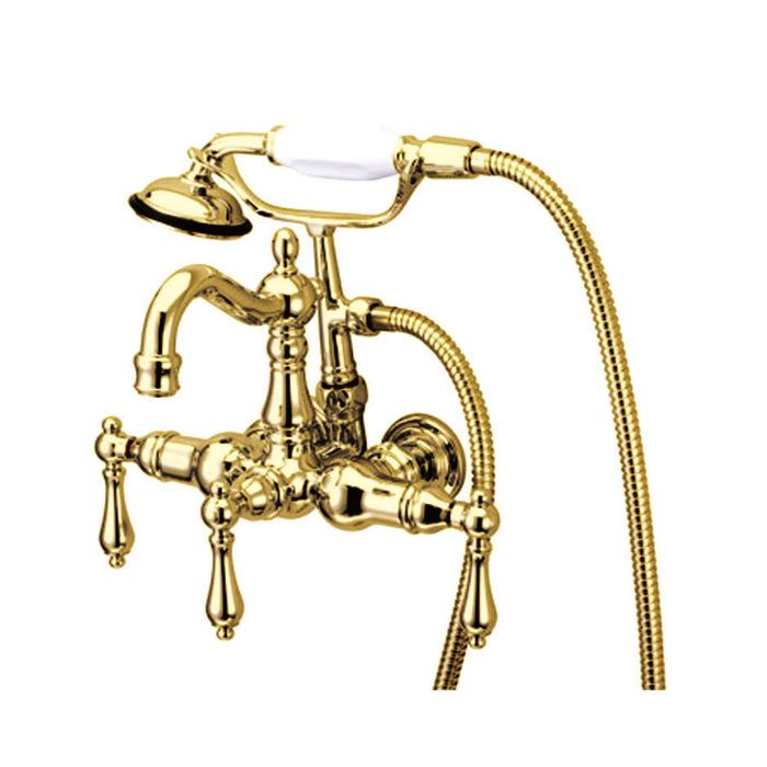 Kingston Heirloom CC1007T2 - Vintage Three-Handle 2-Hole Tub Wall Mount Clawfoot Tub Faucet with Hand Shower, Polished Brass