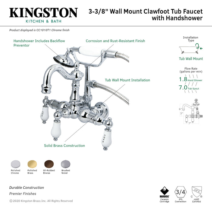 Vintage CC1009T2 Three-Handle 2-Hole Tub Wall Mount Clawfoot Tub Faucet with Hand Shower, Polished Brass