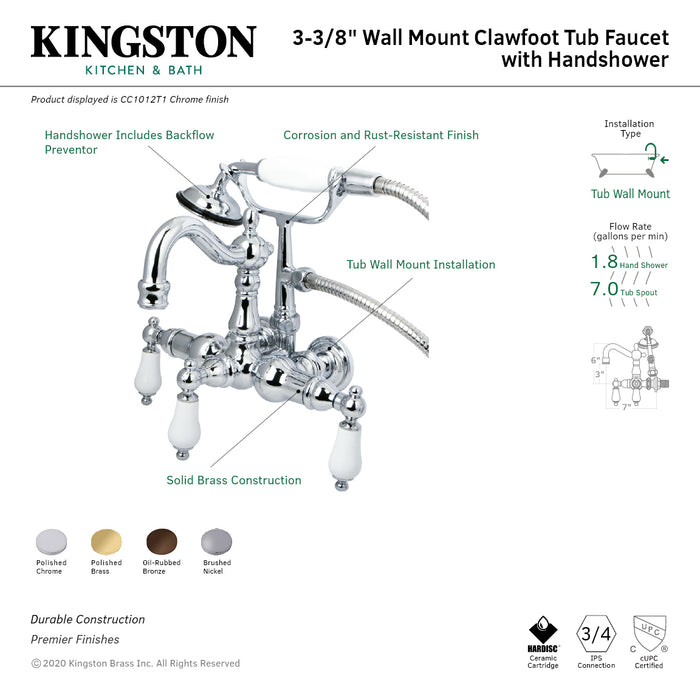 Kingston Heirloom CC1011T2 - Vintage Three-Handle 2-Hole Tub Wall Mount Clawfoot Tub Faucet with Hand Shower, Polished Brass