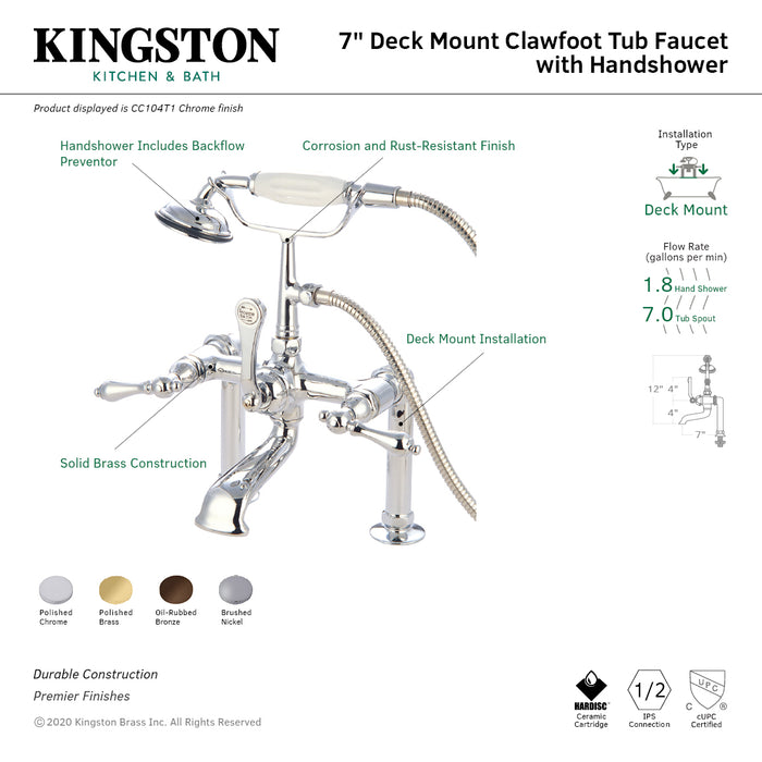 Kingston Heirloom CC104T1 - Vintage Three-Handle 2-Hole Deck-Mount Clawfoot Tub Faucet with Hand Shower, Polished Chrome