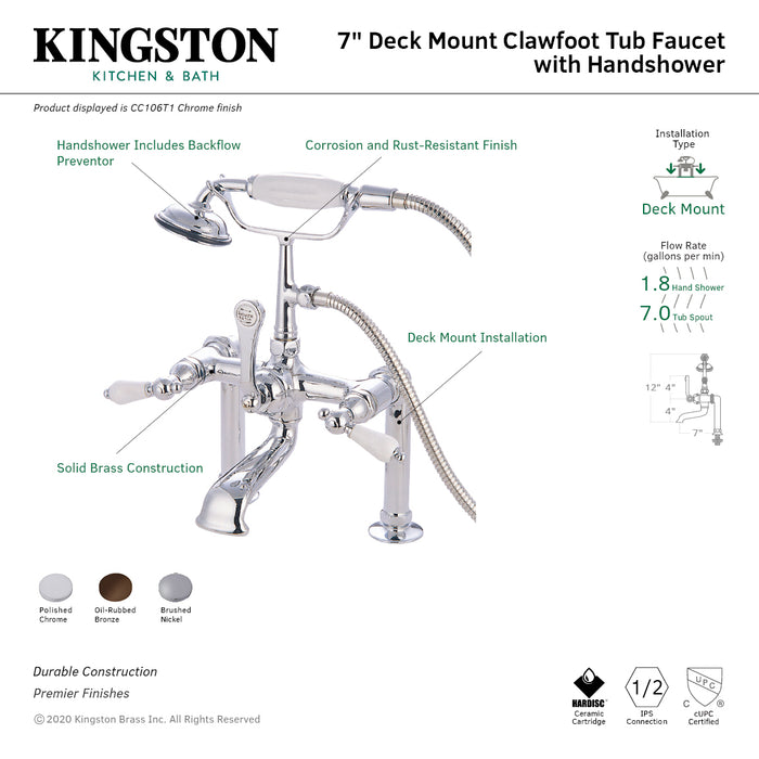Kingston Vintage CC105T5 Three-Handle 2-Hole Deck-Mount Clawfoot Tub Faucet with Hand Shower, Oil Rubbed Bronze