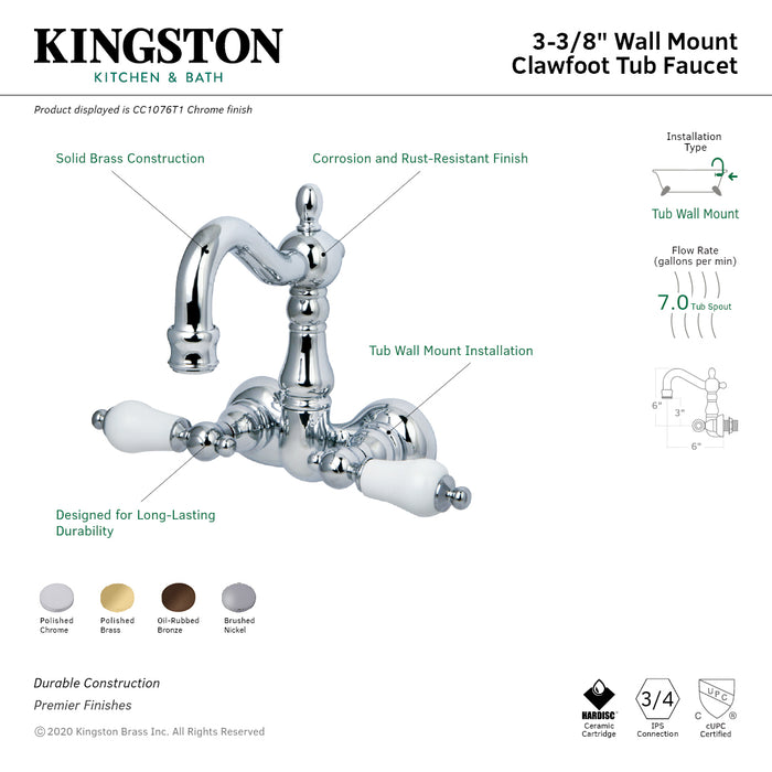 Kingston Heirloom CC1076T1 - Vintage Two-Handle 2-Hole Tub Wall Mount Clawfoot Tub Faucet, Polished Chrome