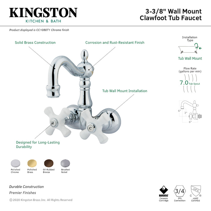 Kingston Heirloom CC1079T2 - Vintage Two-Handle 2-Hole Tub Wall Mount Clawfoot Tub Faucet, Polished Brass