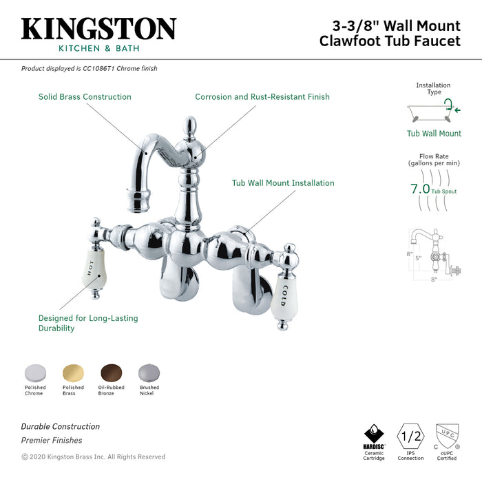 Kingston Heirloom CC1085T8 - Vintage Two-Handle 2-Hole Tub Wall Mount Clawfoot Tub Faucet, Brushed Nickel