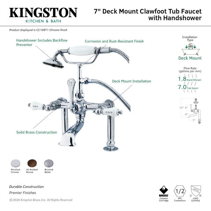 Kingston Heirloom CC108T1 - Vintage Three-Handle 2-Hole Deck-Mount Clawfoot Tub Faucet with Hand Shower, Polished Chrome