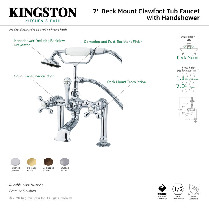 Kingston Heirloom CC110T1 - Vintage Three-Handle 2-Hole Deck-Mount Clawfoot Tub Faucet with Hand Shower, Polished Chrome